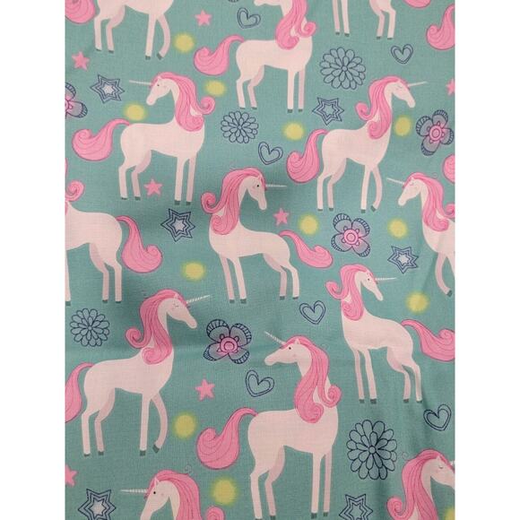 Cotton Fabric Unicorns On Green Background Flowers and Hearts 2 yard New - Picture 2 of 4